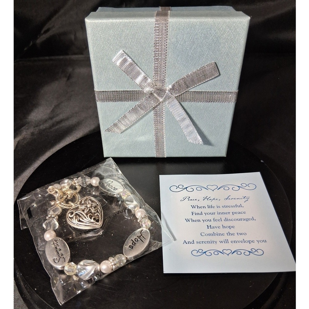 Avon Peace Hope Serenity Heart Charm Bracelet Silver Tone Pearl Crystal New Box